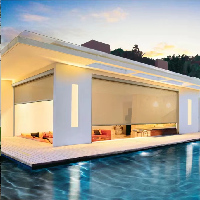 Block Out UV Protection Privacy Protection Motorized Outdoor Zip Roller Shades Pergola Blinds for Patio Yard Deck Porch